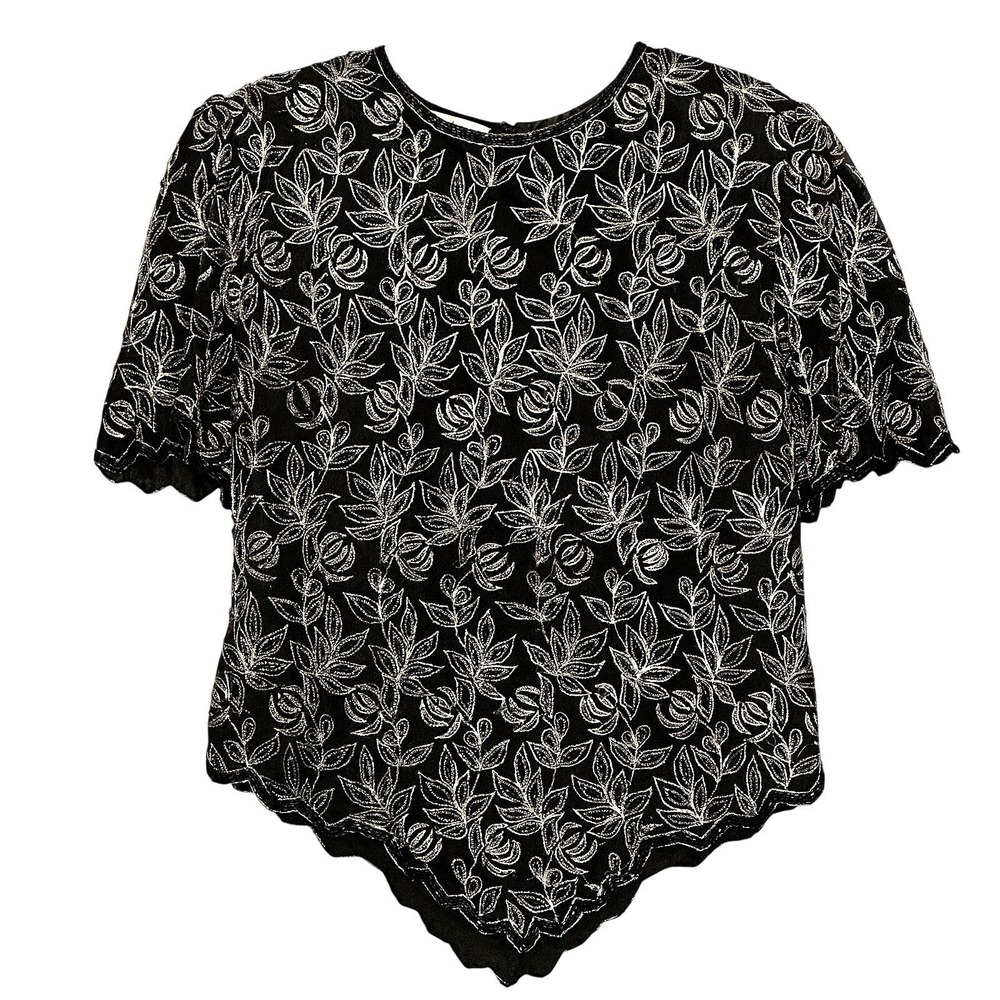 VTG Kazar Women Top XL Black Silk Embroidered Beads Evening Fairy Grunge 90s Y2K